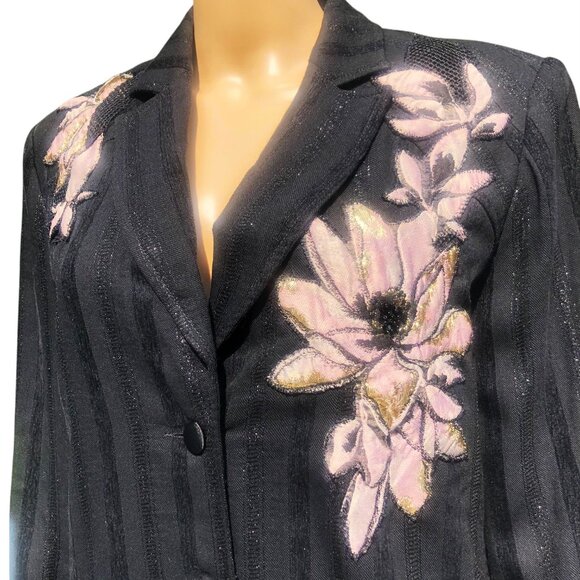 Customized Handcrafted Floral Applique Embellished Black Blazer Sz 16 - Picture 3 of 6